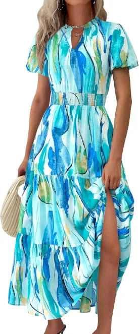 MASCOMODA Women Casual Boho Puff Short Sleeve V Neck Spring Summer 2025 Maxi Dress Church Flowy Smocked Floral Long Dresses