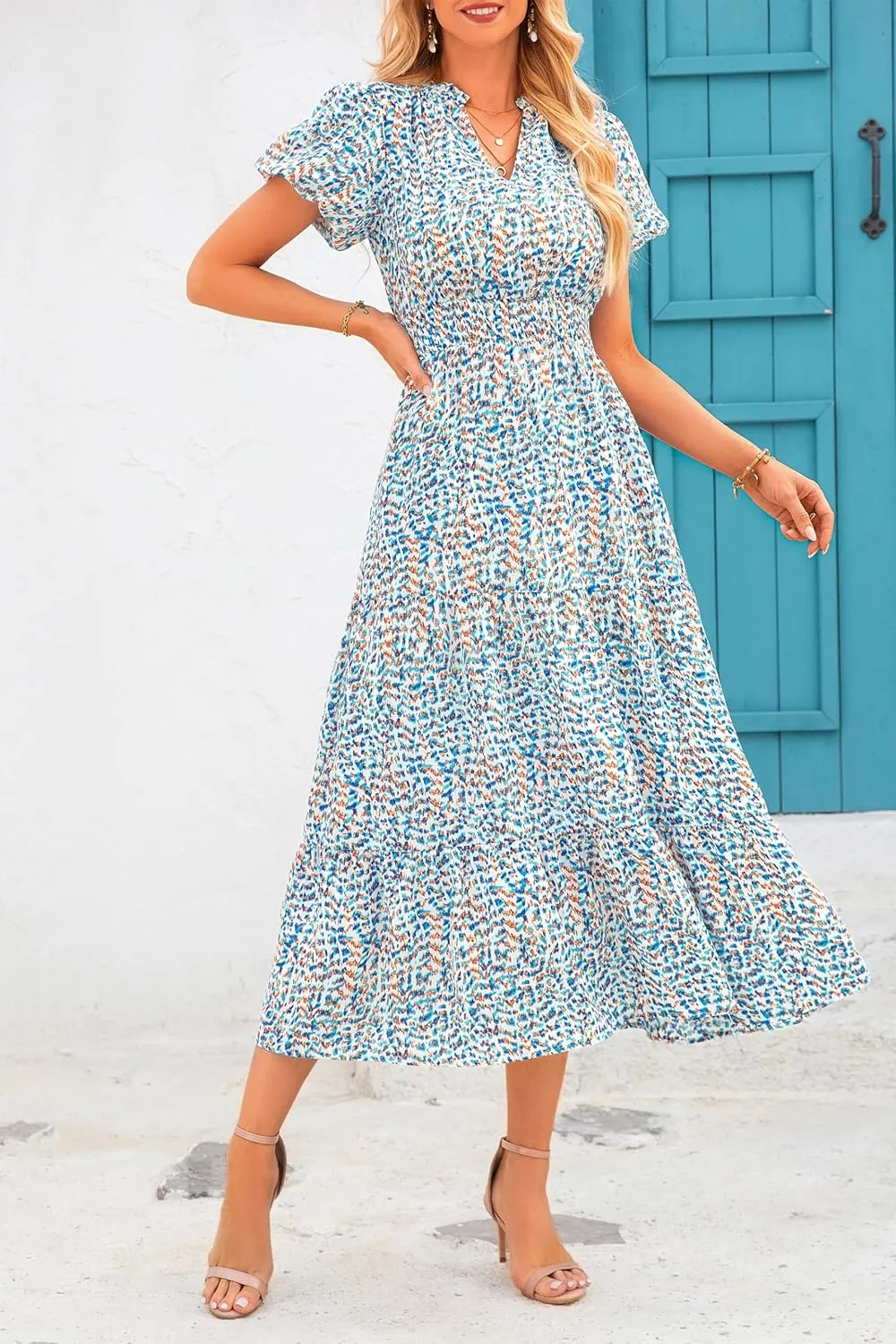MASCOMODA Women Casual Boho Puff Short Sleeve V Neck Spring Summer 2025 Maxi Dress Church Flowy Smocked Floral Long Dresses