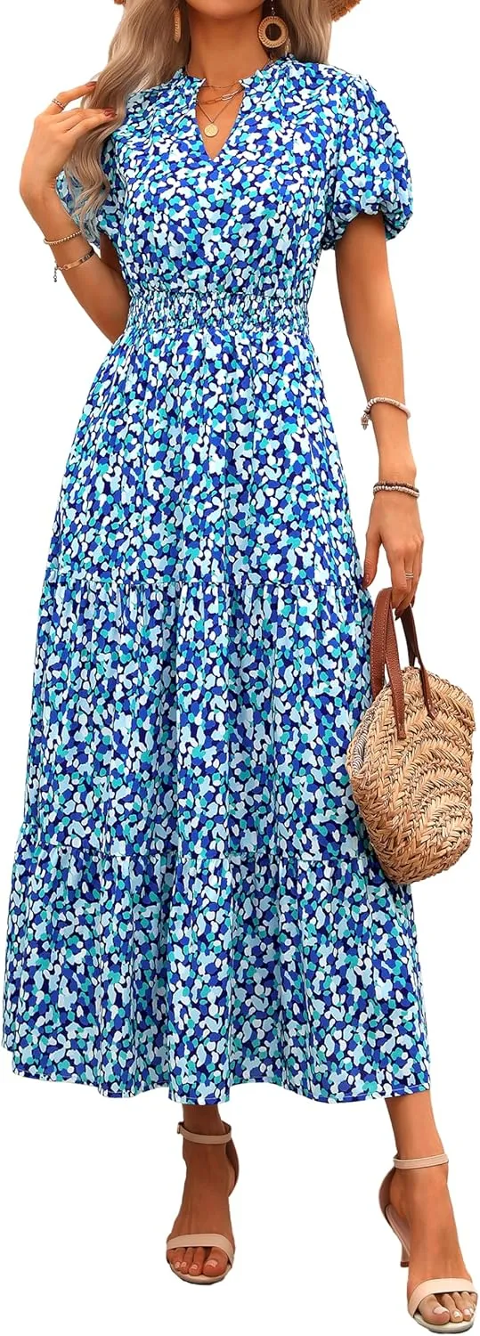 MASCOMODA Women Casual Boho Puff Short Sleeve V Neck Spring Summer 2025 Maxi Dress Church Flowy Smocked Floral Long Dresses