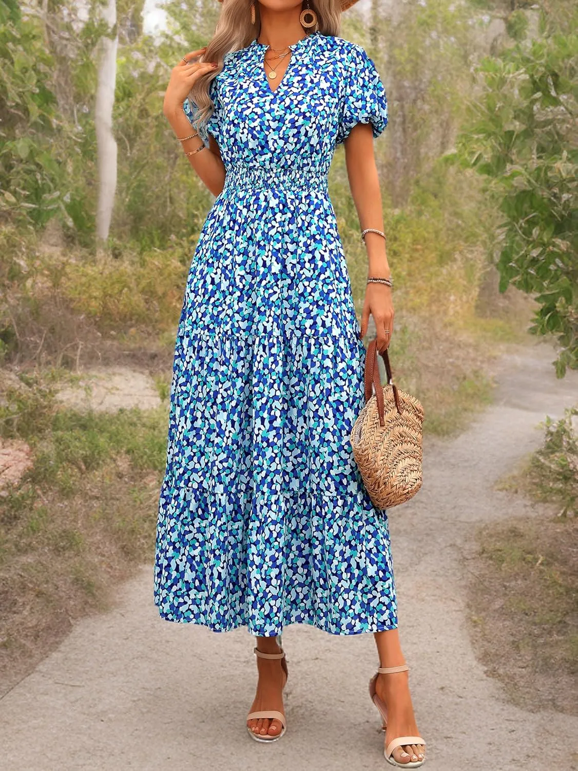 MASCOMODA Women Casual Boho Puff Short Sleeve V Neck Spring Summer 2025 Maxi Dress Church Flowy Smocked Floral Long Dresses