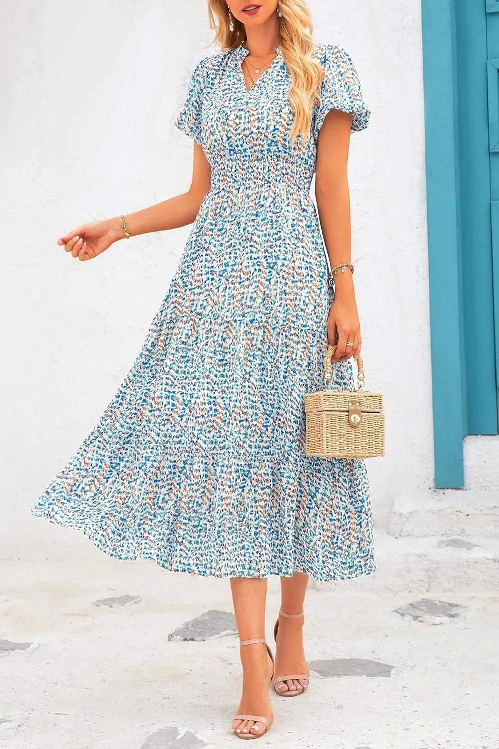 MASCOMODA Women Casual Boho Puff Short Sleeve V Neck Spring Summer 2025 Maxi Dress Church Flowy Smocked Floral Long Dresses