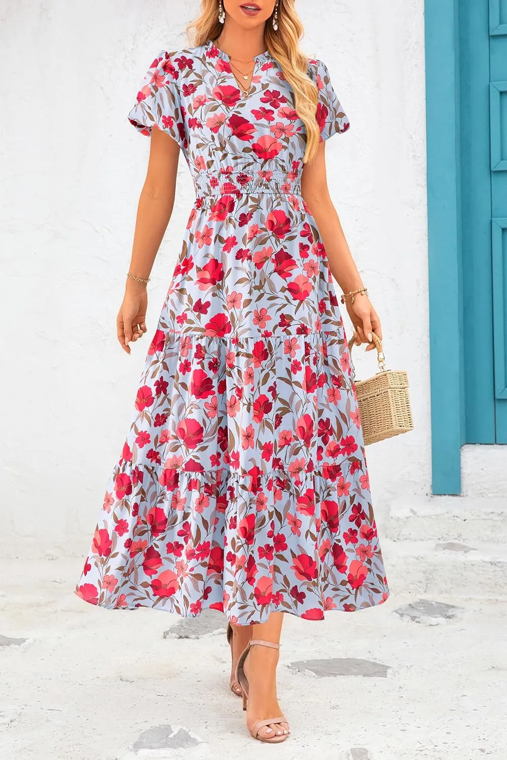 MASCOMODA Women Casual Boho Puff Short Sleeve V Neck Spring Summer 2025 Maxi Dress Church Flowy Smocked Floral Long Dresses