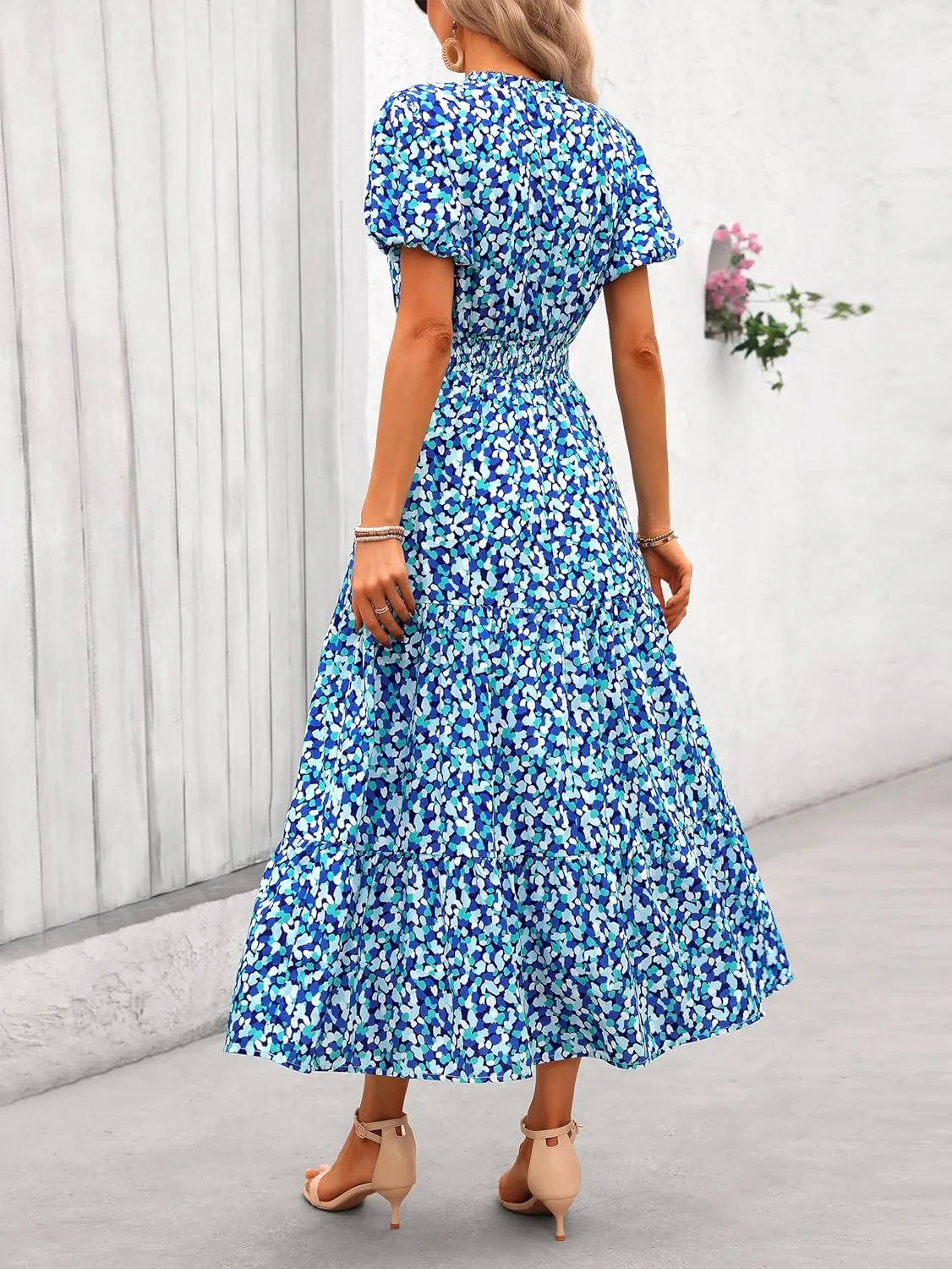 MASCOMODA Women Casual Boho Puff Short Sleeve V Neck Spring Summer 2025 Maxi Dress Church Flowy Smocked Floral Long Dresses