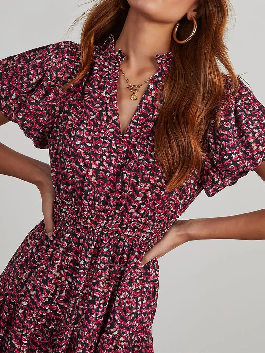 MASCOMODA Women Casual Boho Puff Short Sleeve V Neck Spring Summer 2025 Maxi Dress Church Flowy Smocked Floral Long Dresses