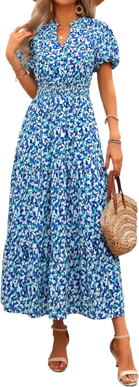 MASCOMODA Women Casual Boho Puff Short Sleeve V Neck Spring Summer 2025 Maxi Dress Church Flowy Smocked Floral Long Dresses