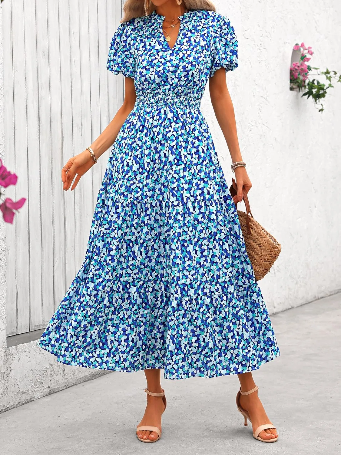 MASCOMODA Women Casual Boho Puff Short Sleeve V Neck Spring Summer 2025 Maxi Dress Church Flowy Smocked Floral Long Dresses