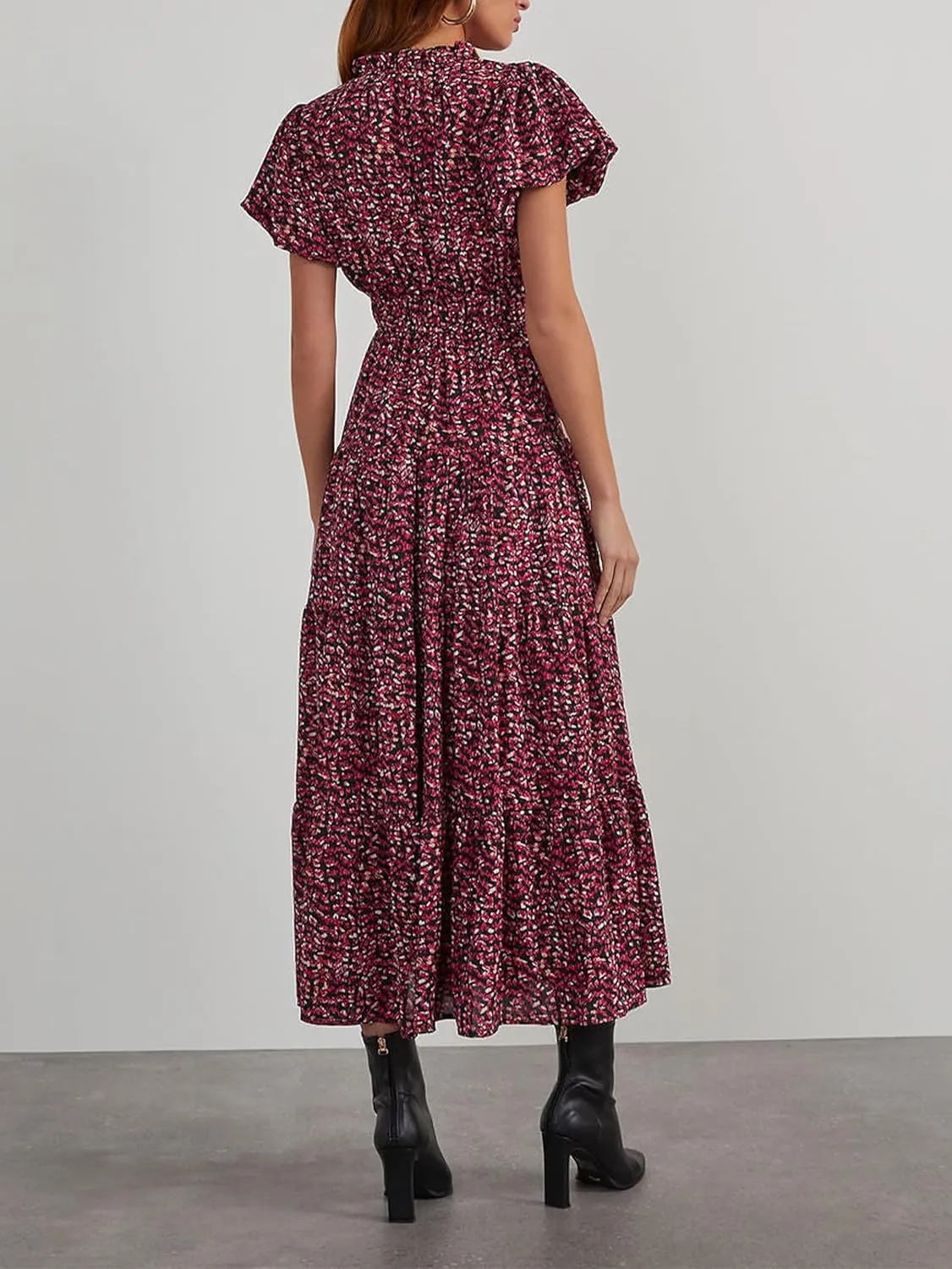 MASCOMODA Women Casual Boho Puff Short Sleeve V Neck Spring Summer 2025 Maxi Dress Church Flowy Smocked Floral Long Dresses