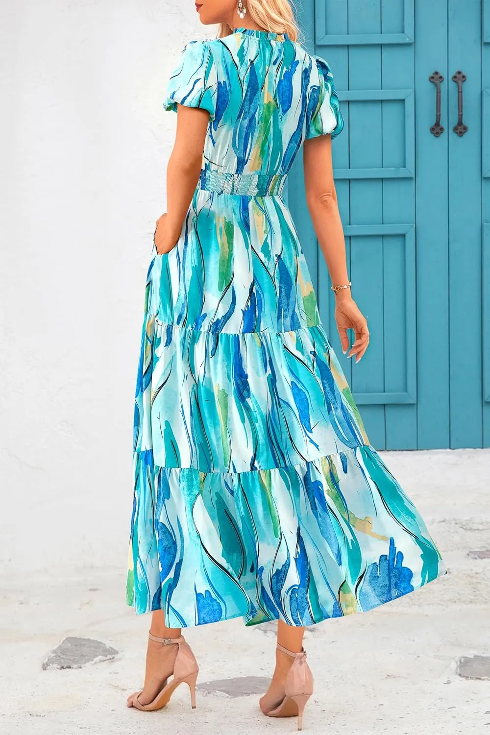 MASCOMODA Women Casual Boho Puff Short Sleeve V Neck Spring Summer 2025 Maxi Dress Church Flowy Smocked Floral Long Dresses