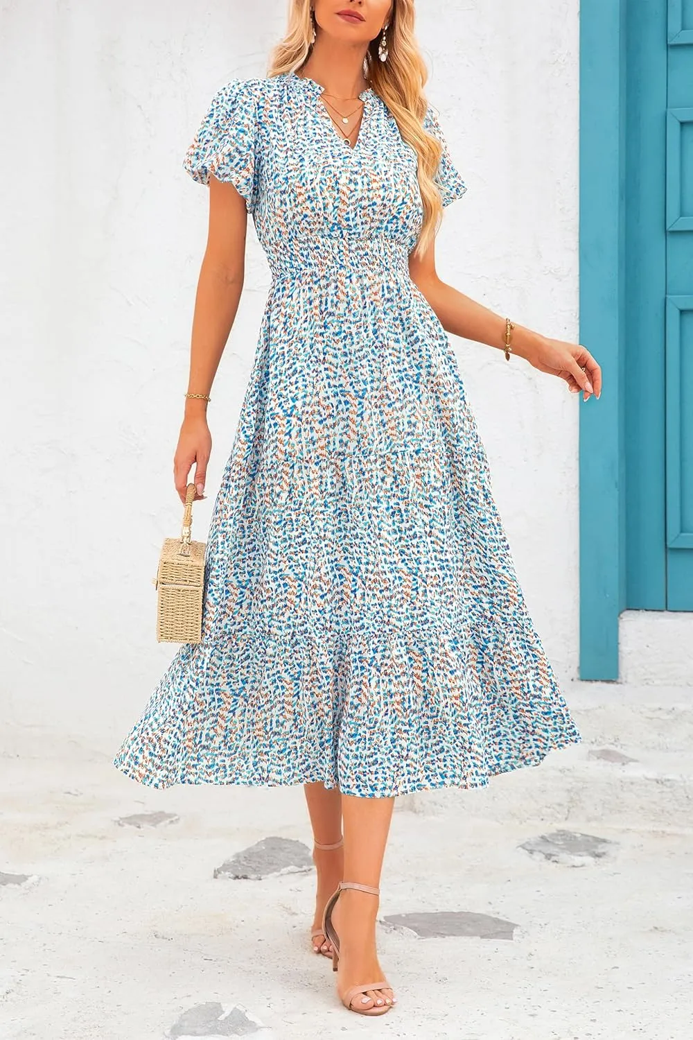 MASCOMODA Women Casual Boho Puff Short Sleeve V Neck Spring Summer 2025 Maxi Dress Church Flowy Smocked Floral Long Dresses