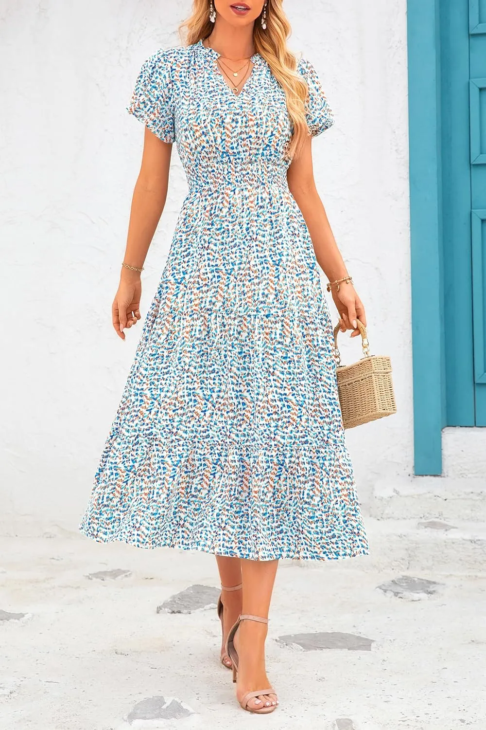 MASCOMODA Women Casual Boho Puff Short Sleeve V Neck Spring Summer 2025 Maxi Dress Church Flowy Smocked Floral Long Dresses