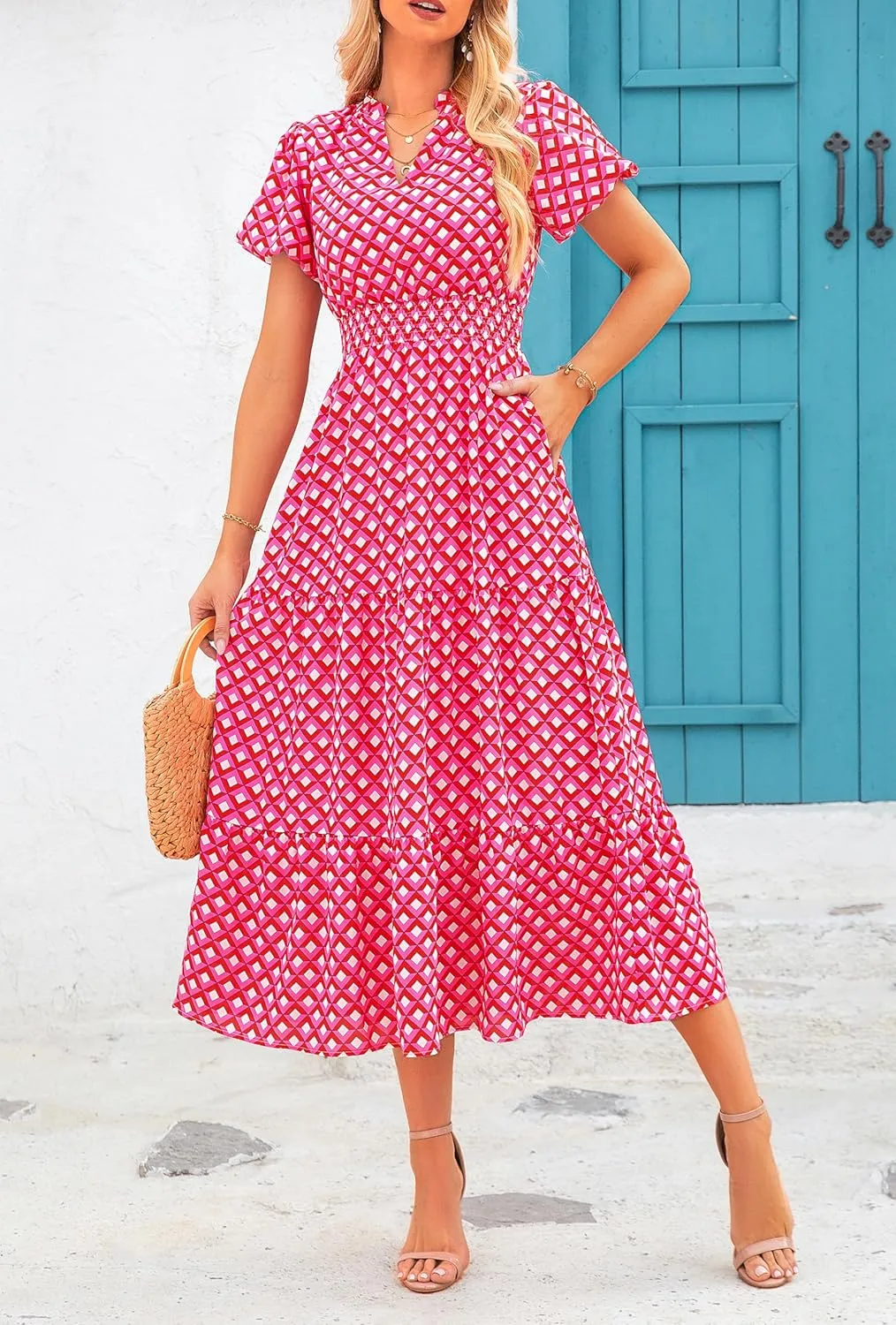 MASCOMODA Women Casual Boho Puff Short Sleeve V Neck Spring Summer 2025 Maxi Dress Church Flowy Smocked Floral Long Dresses