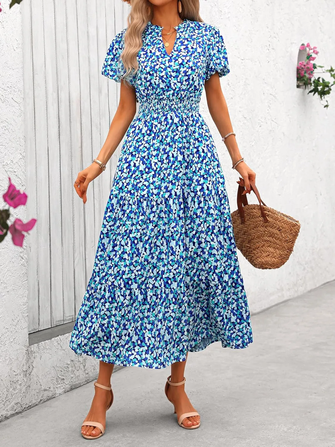 MASCOMODA Women Casual Boho Puff Short Sleeve V Neck Spring Summer 2025 Maxi Dress Church Flowy Smocked Floral Long Dresses