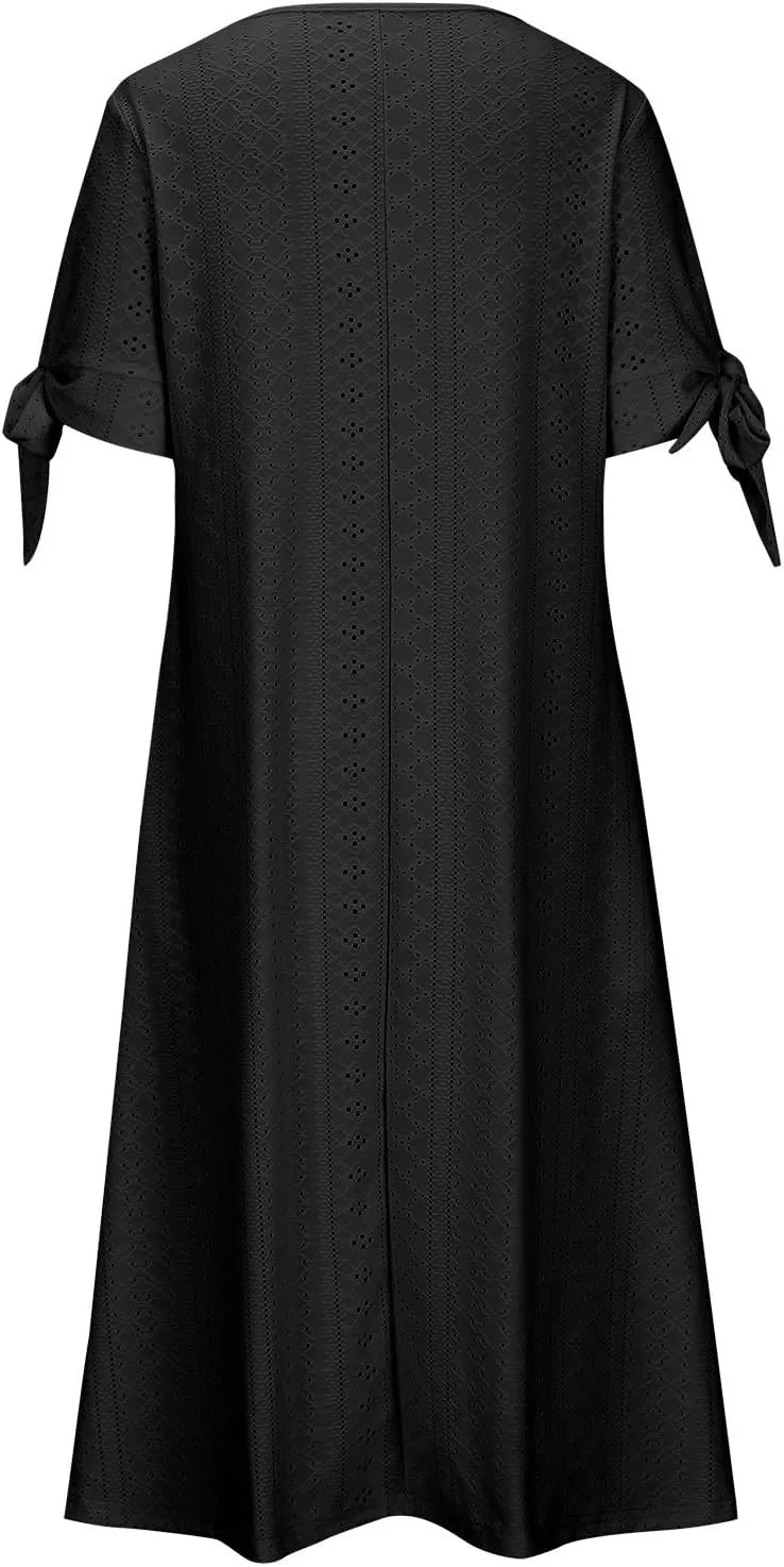 Maxi Long Dresses for Women 2025 Trendy Short Sleeve Eyelet Tshirt Dress Casual Summer Beach Vacation Sundress