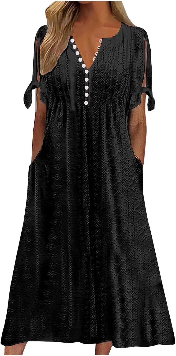 Maxi Long Dresses for Women 2025 Trendy Short Sleeve Eyelet Tshirt Dress Casual Summer Beach Vacation Sundress