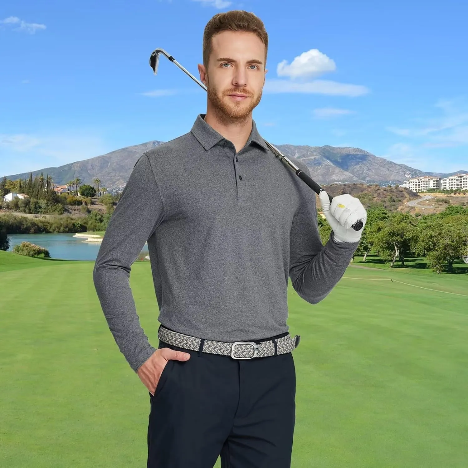 Mens Long Sleeve Classic Polo Shirts Casual Fashion Polo Shirts Office Work Golf Shirts for Men