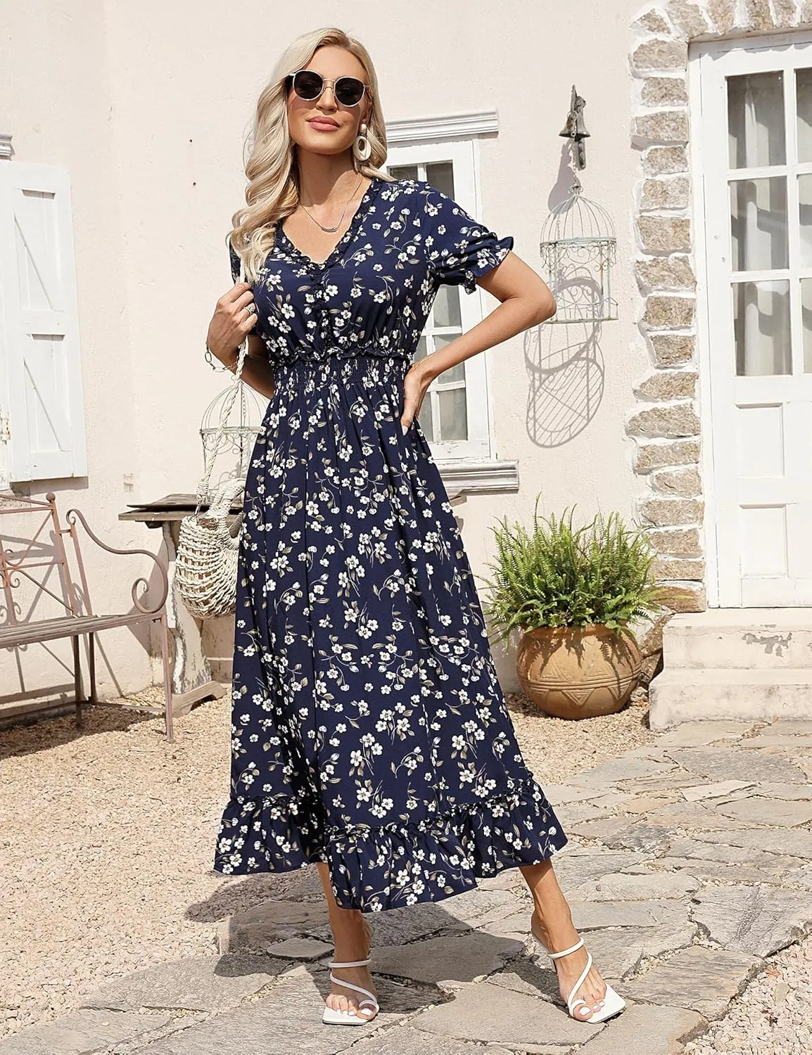 MISSKY Casual V Neck Boho Floral Print Wedding Guest Maxi Dresses for Women Bohemian Flowy Maxi Dress