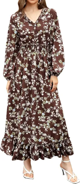 MISSKY Casual V Neck Boho Floral Print Wedding Guest Maxi Dresses for Women Bohemian Flowy Maxi Dress