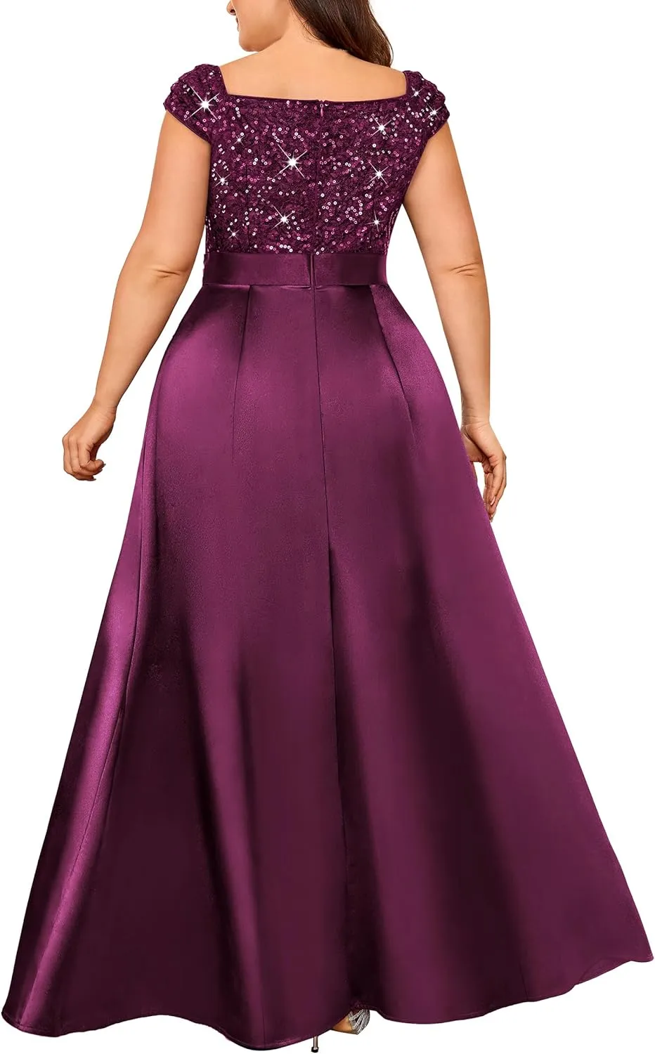 MISSMAY Women's Plus Size Sequin Lace Off Shoulder Satin Slit Formal Evening Party Maxi Dress