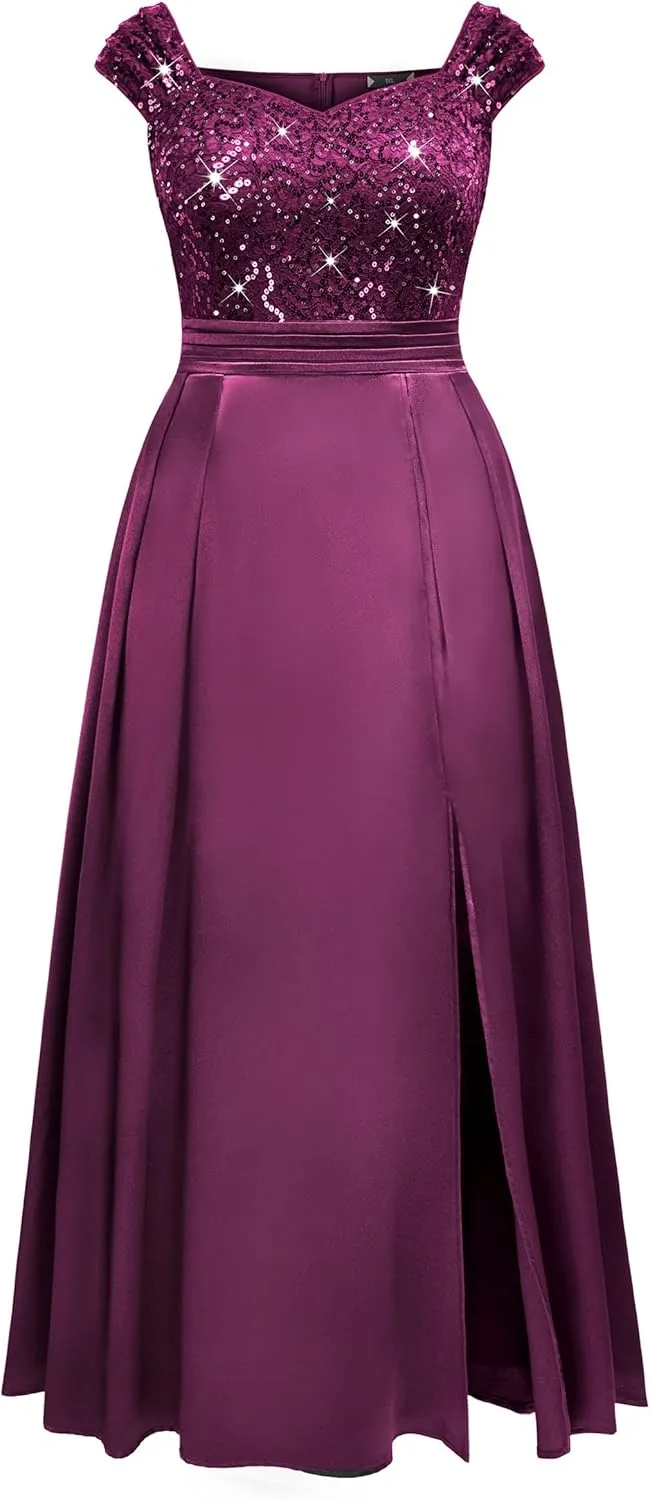 MISSMAY Women's Plus Size Sequin Lace Off Shoulder Satin Slit Formal Evening Party Maxi Dress