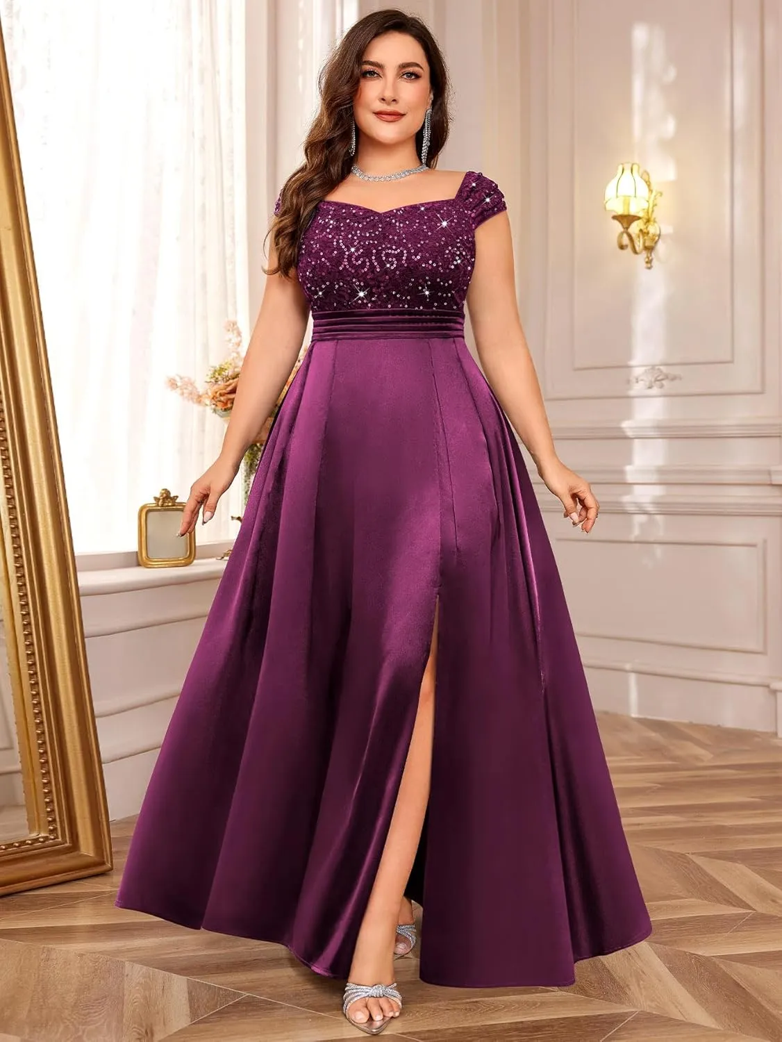 MISSMAY Women's Plus Size Sequin Lace Off Shoulder Satin Slit Formal Evening Party Maxi Dress