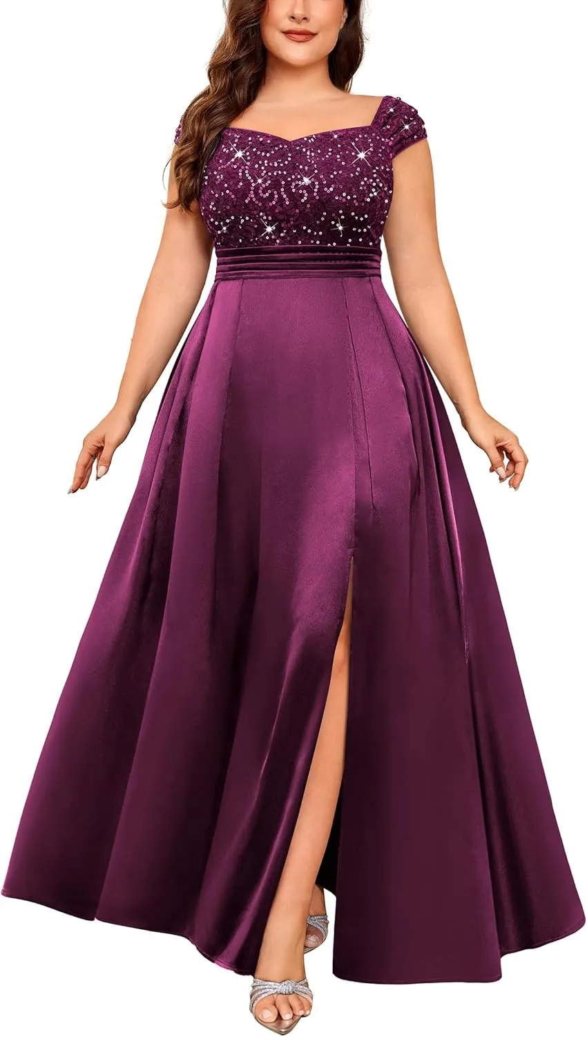 MISSMAY Women's Plus Size Sequin Lace Off Shoulder Satin Slit Formal Evening Party Maxi Dress
