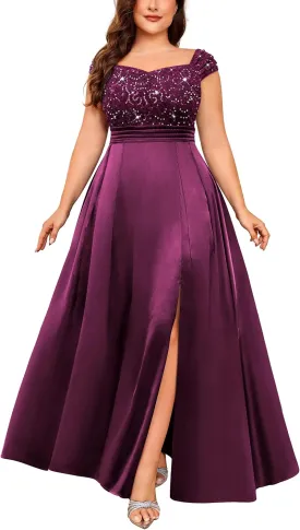 MISSMAY Women's Plus Size Sequin Lace Off Shoulder Satin Slit Formal Evening Party Maxi Dress