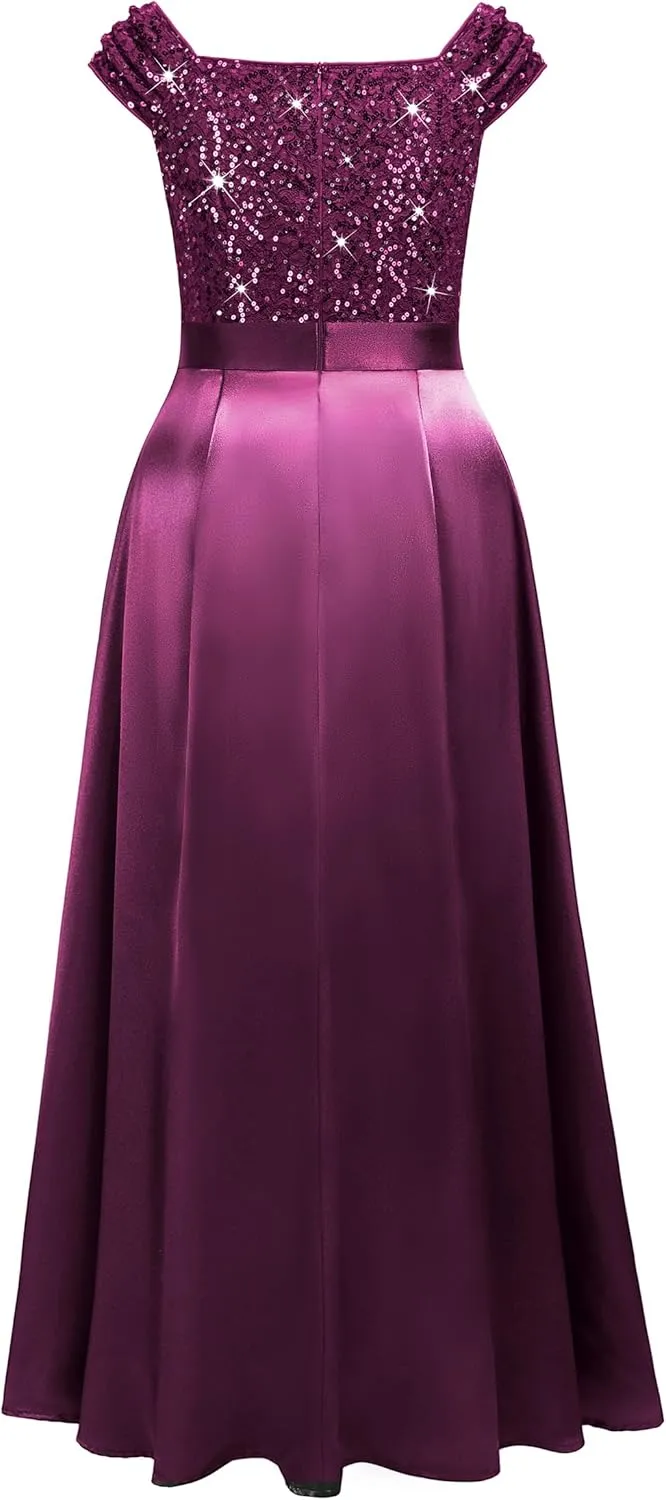 MISSMAY Women's Plus Size Sequin Lace Off Shoulder Satin Slit Formal Evening Party Maxi Dress