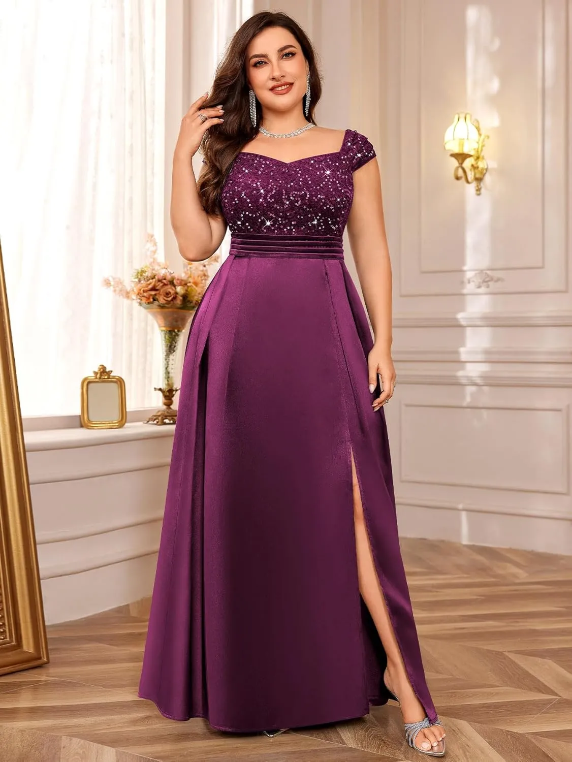 MISSMAY Women's Plus Size Sequin Lace Off Shoulder Satin Slit Formal Evening Party Maxi Dress