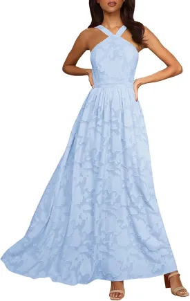 MITILLY Women's Summer Dresses 2024 Boho Halter Neck Sleeveless Smocked Floral Backless A Line Flowy Maxi Dress with Pockets
