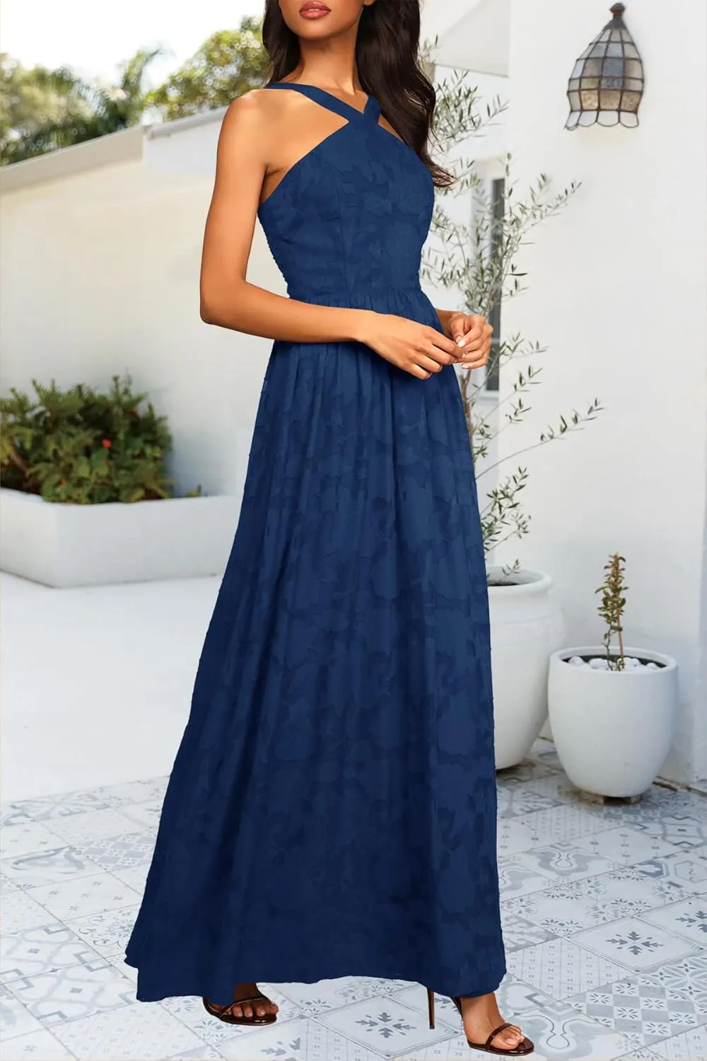 MITILLY Women's Summer Dresses 2024 Boho Halter Neck Sleeveless Smocked Floral Backless A Line Flowy Maxi Dress with Pockets