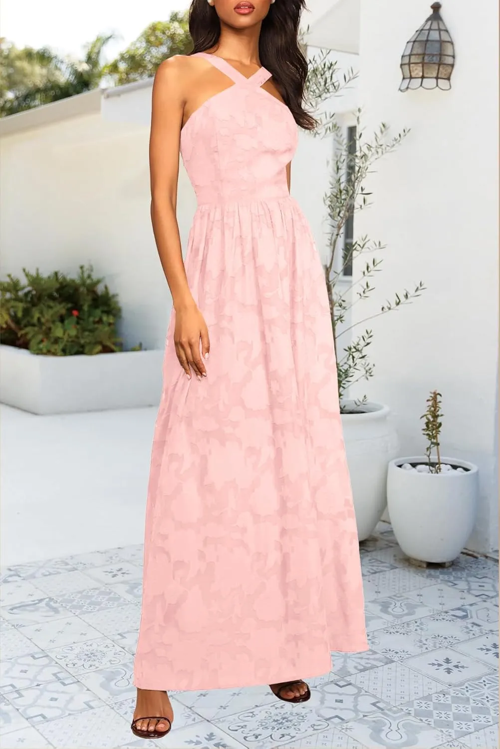 MITILLY Women's Summer Dresses 2024 Boho Halter Neck Sleeveless Smocked Floral Backless A Line Flowy Maxi Dress with Pockets