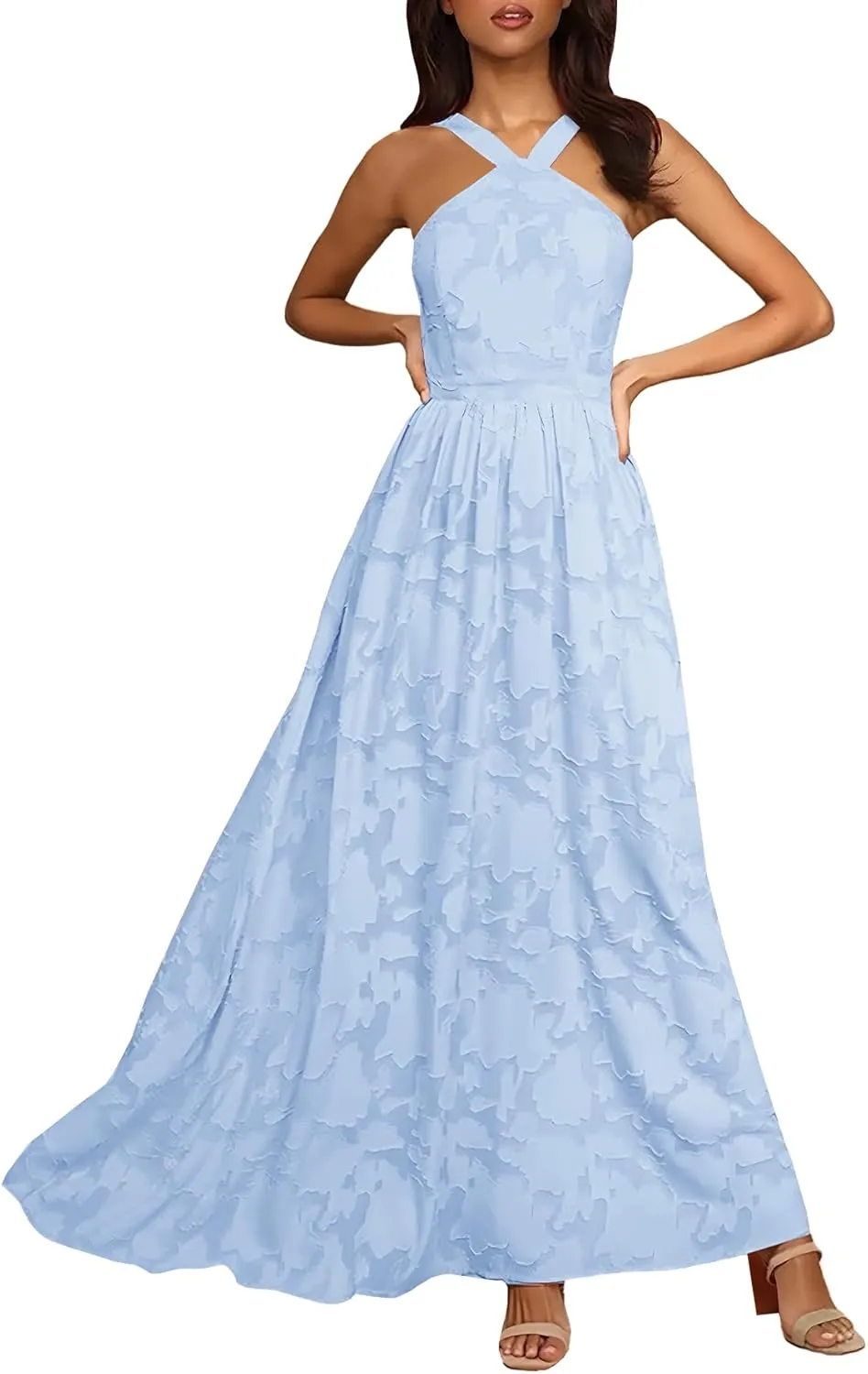 MITILLY Women's Summer Dresses 2024 Boho Halter Neck Sleeveless Smocked Floral Backless A Line Flowy Maxi Dress with Pockets