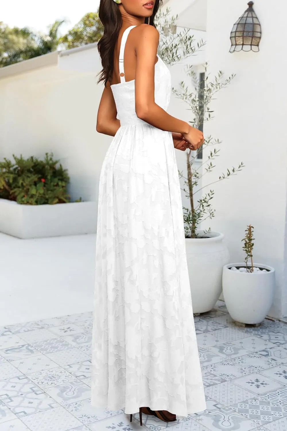 MITILLY Women's Summer Dresses 2024 Boho Halter Neck Sleeveless Smocked Floral Backless A Line Flowy Maxi Dress with Pockets