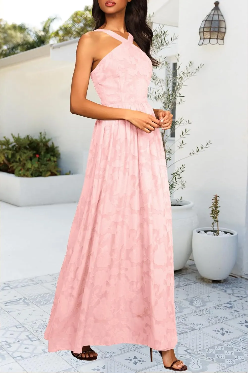 MITILLY Women's Summer Dresses 2024 Boho Halter Neck Sleeveless Smocked Floral Backless A Line Flowy Maxi Dress with Pockets