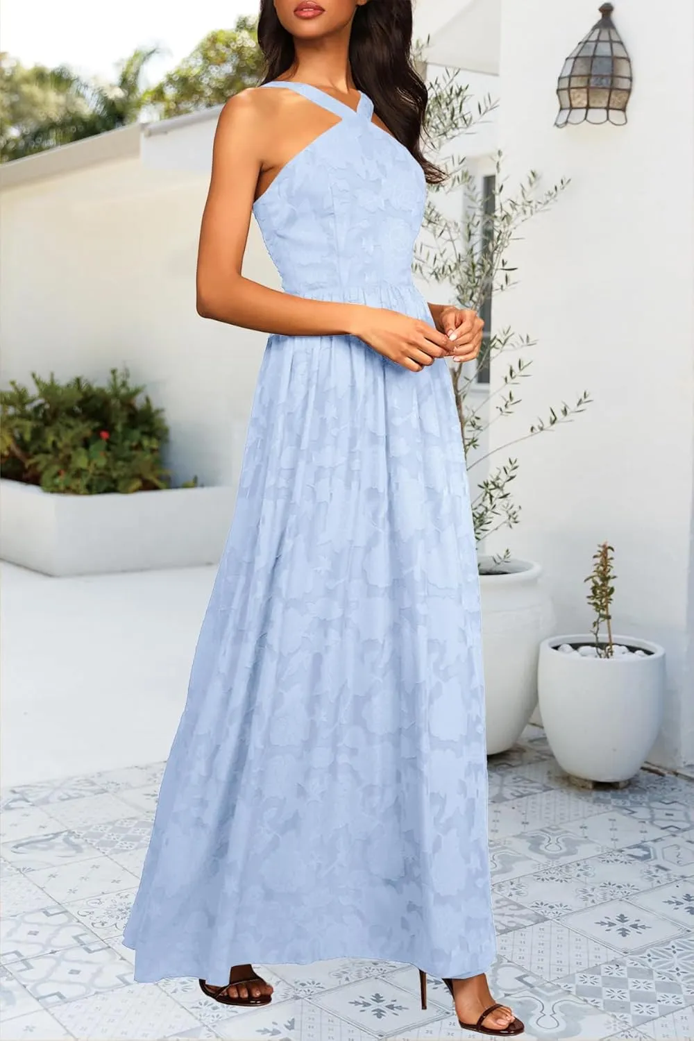 MITILLY Women's Summer Dresses 2024 Boho Halter Neck Sleeveless Smocked Floral Backless A Line Flowy Maxi Dress with Pockets