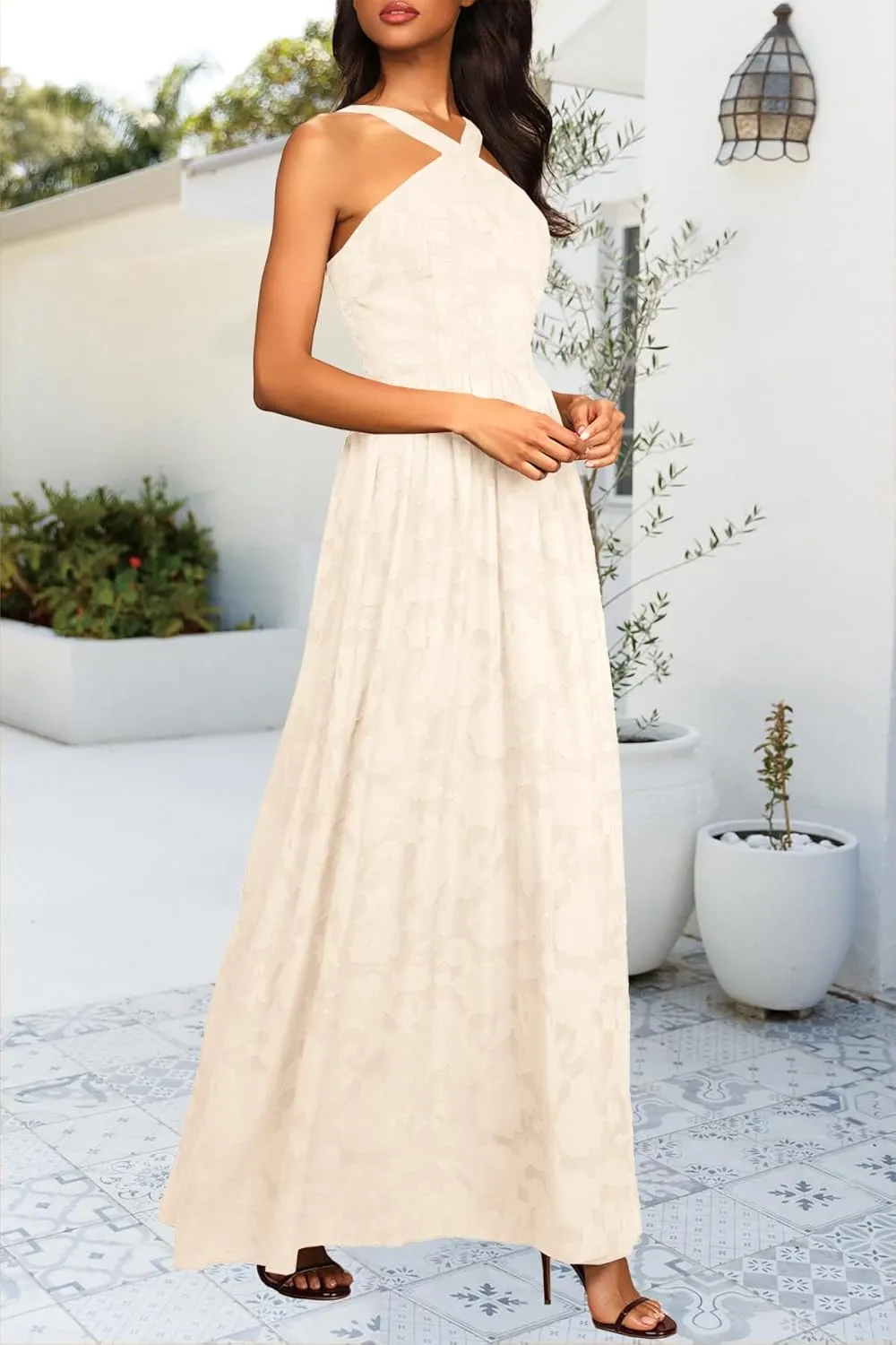MITILLY Women's Summer Dresses 2024 Boho Halter Neck Sleeveless Smocked Floral Backless A Line Flowy Maxi Dress with Pockets