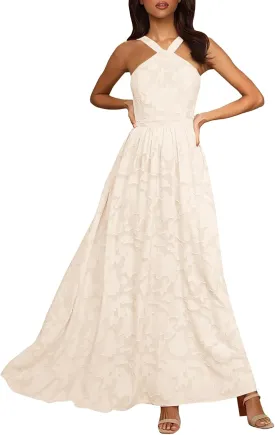 MITILLY Women's Summer Dresses 2024 Boho Halter Neck Sleeveless Smocked Floral Backless A Line Flowy Maxi Dress with Pockets