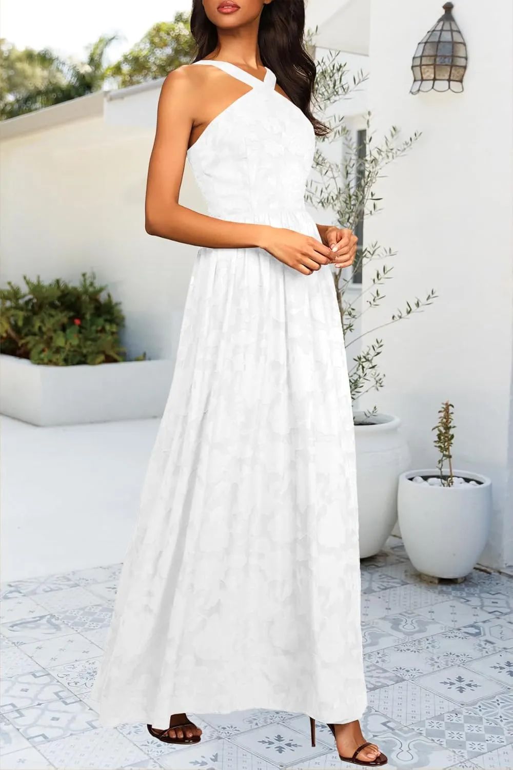 MITILLY Women's Summer Dresses 2024 Boho Halter Neck Sleeveless Smocked Floral Backless A Line Flowy Maxi Dress with Pockets
