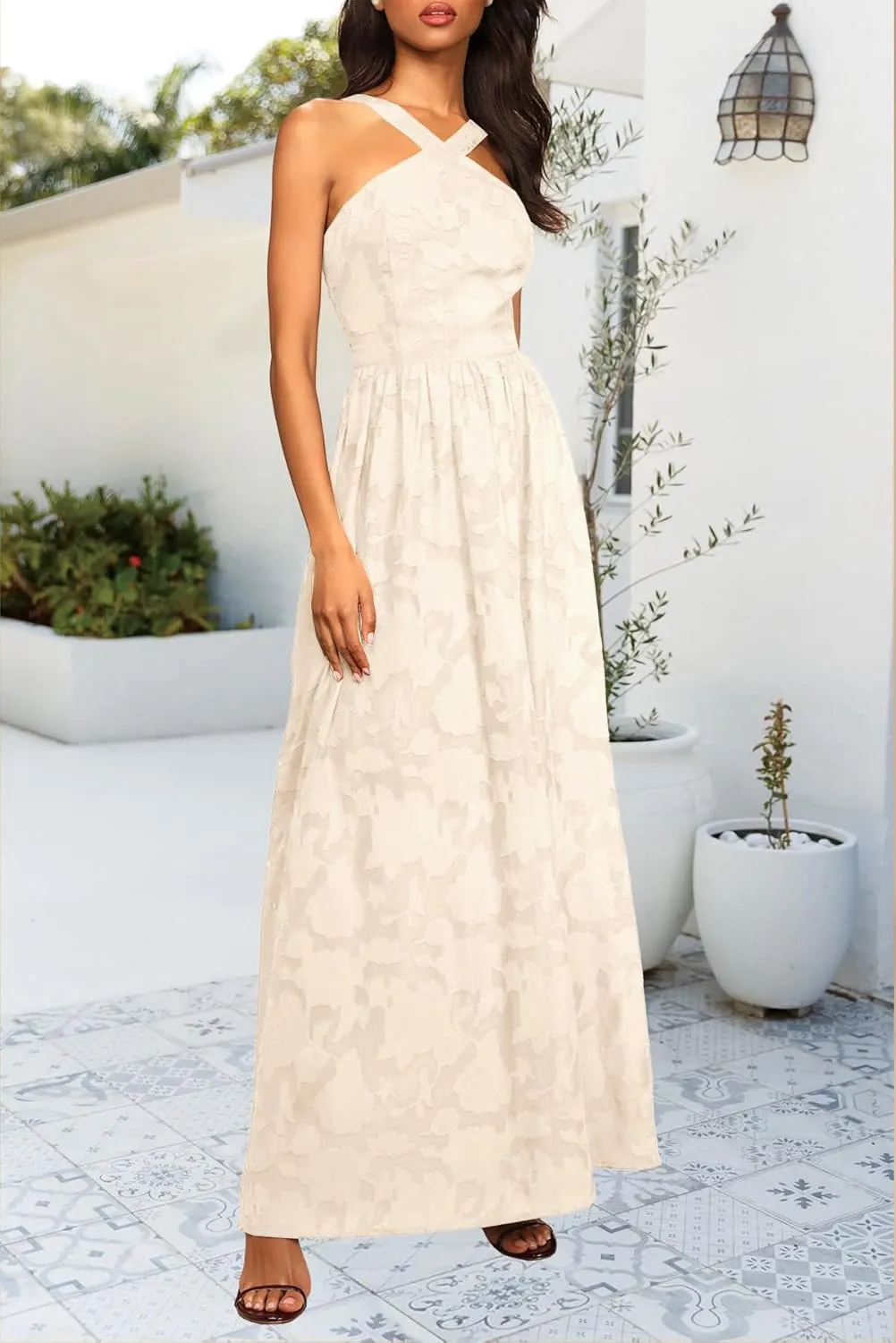 MITILLY Women's Summer Dresses 2024 Boho Halter Neck Sleeveless Smocked Floral Backless A Line Flowy Maxi Dress with Pockets