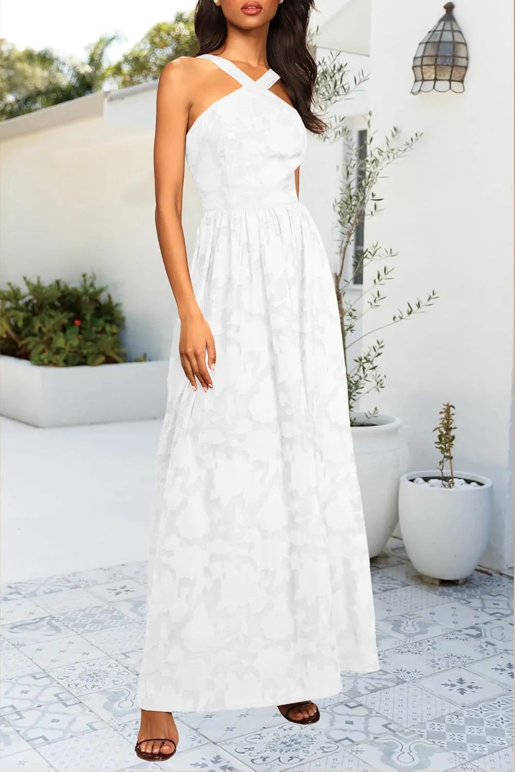 MITILLY Women's Summer Dresses 2024 Boho Halter Neck Sleeveless Smocked Floral Backless A Line Flowy Maxi Dress with Pockets