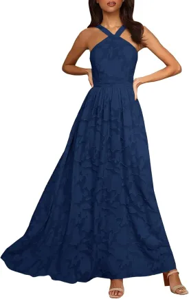 MITILLY Women's Summer Dresses 2024 Boho Halter Neck Sleeveless Smocked Floral Backless A Line Flowy Maxi Dress with Pockets
