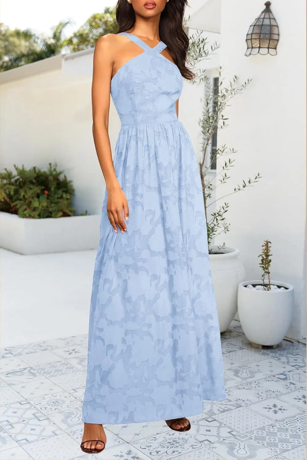 MITILLY Women's Summer Dresses 2024 Boho Halter Neck Sleeveless Smocked Floral Backless A Line Flowy Maxi Dress with Pockets