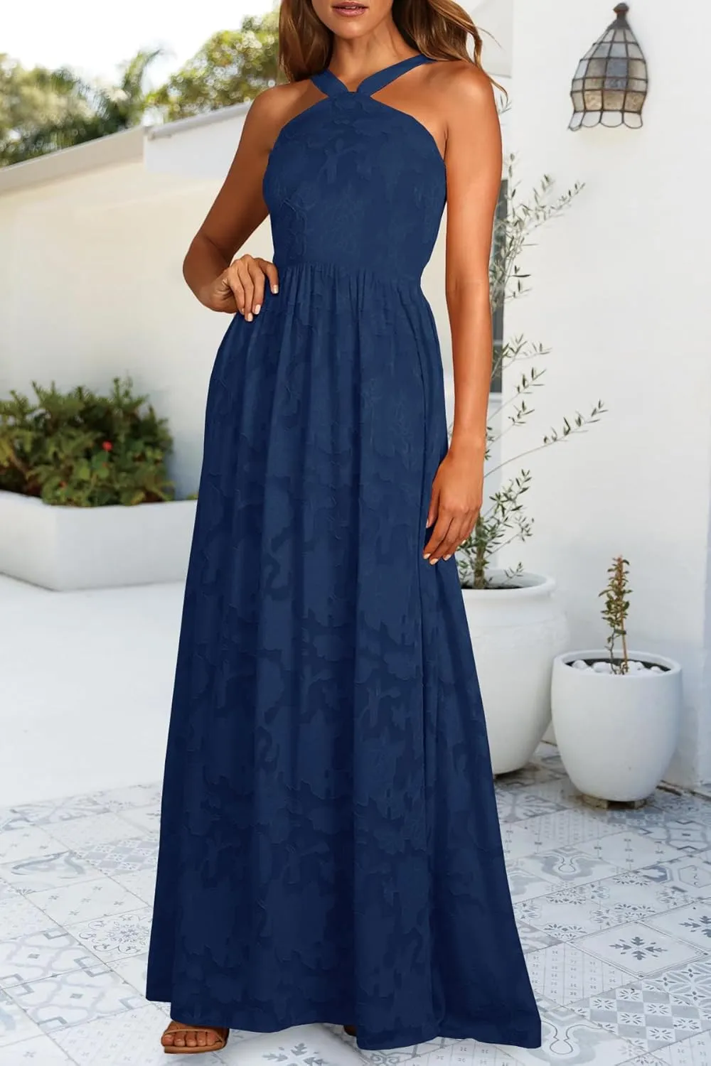 MITILLY Women's Summer Dresses 2024 Boho Halter Neck Sleeveless Smocked Floral Backless A Line Flowy Maxi Dress with Pockets