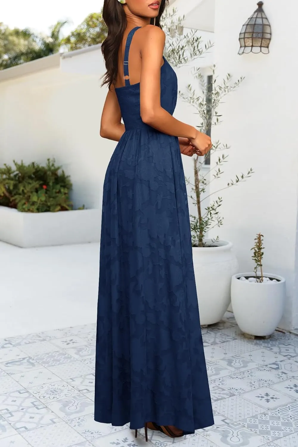 MITILLY Women's Summer Dresses 2024 Boho Halter Neck Sleeveless Smocked Floral Backless A Line Flowy Maxi Dress with Pockets