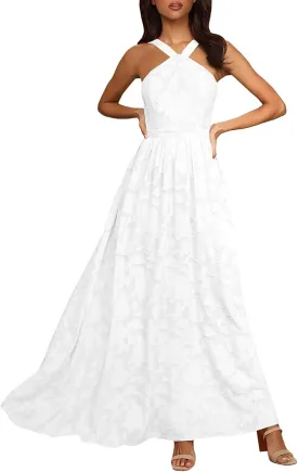 MITILLY Women's Summer Dresses 2024 Boho Halter Neck Sleeveless Smocked Floral Backless A Line Flowy Maxi Dress with Pockets