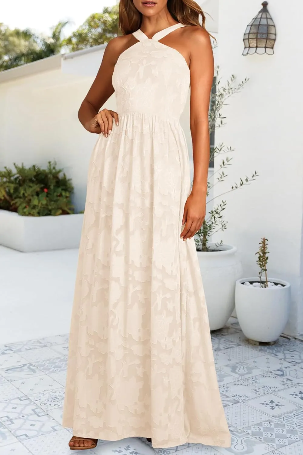MITILLY Women's Summer Dresses 2024 Boho Halter Neck Sleeveless Smocked Floral Backless A Line Flowy Maxi Dress with Pockets