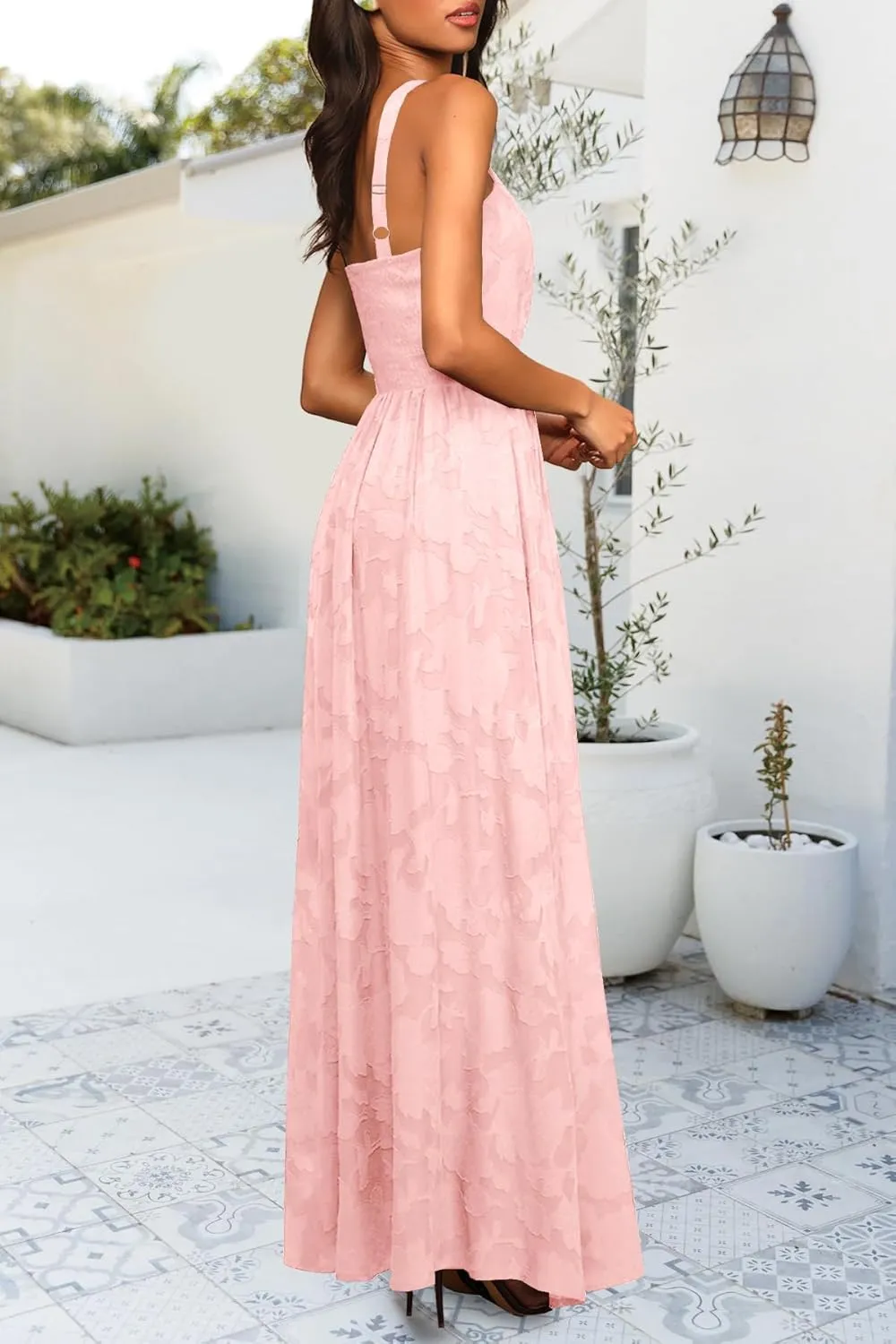 MITILLY Women's Summer Dresses 2024 Boho Halter Neck Sleeveless Smocked Floral Backless A Line Flowy Maxi Dress with Pockets