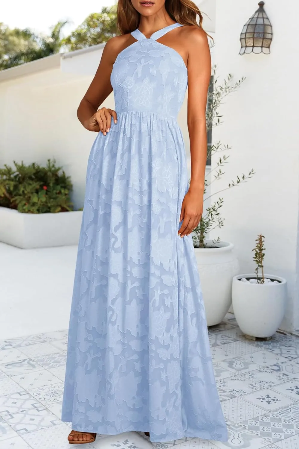 MITILLY Women's Summer Dresses 2024 Boho Halter Neck Sleeveless Smocked Floral Backless A Line Flowy Maxi Dress with Pockets