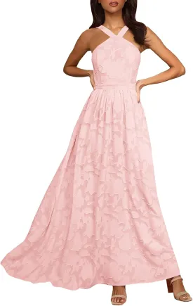 MITILLY Women's Summer Dresses 2024 Boho Halter Neck Sleeveless Smocked Floral Backless A Line Flowy Maxi Dress with Pockets