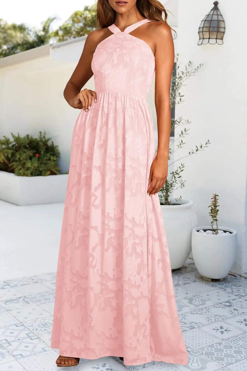 MITILLY Women's Summer Dresses 2024 Boho Halter Neck Sleeveless Smocked Floral Backless A Line Flowy Maxi Dress with Pockets